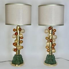 Late 20th Century Pair of Brass w Gold Balls Green Murano Glass Table Lamps - 3653448