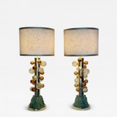 Late 20th Century Pair of Brass w Gold Balls Green Murano Glass Table Lamps - 3658333