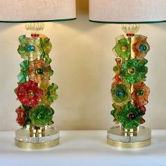 Late 20th Century Pair of Brass w Multicolored Murano Glass Flowers Table Lamps - 3693029