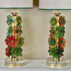 Late 20th Century Pair of Brass w Multicolored Murano Glass Flowers Table Lamps - 3693031