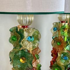 Late 20th Century Pair of Brass w Multicolored Murano Glass Flowers Table Lamps - 3693032