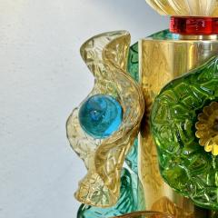 Late 20th Century Pair of Brass w Multicolored Murano Glass Flowers Table Lamps - 3693038