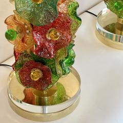 Late 20th Century Pair of Brass w Multicolored Murano Glass Flowers Table Lamps - 3693039