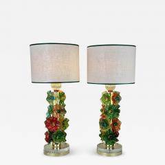 Late 20th Century Pair of Brass w Multicolored Murano Glass Flowers Table Lamps - 3697120