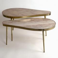 Late 20th Century Pair of Italian Brass w Beige Pink Onyx Tops Coffee Tables - 3857002