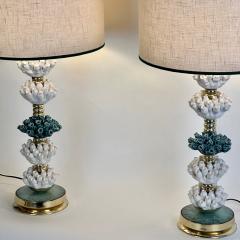 Late 20th Century Pair of Italian Brass w Green White Ceramic Table Lamps - 3660027