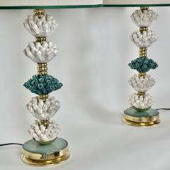 Late 20th Century Pair of Italian Brass w Green White Ceramic Table Lamps - 3660029