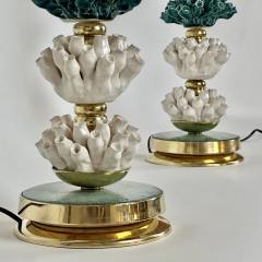 Late 20th Century Pair of Italian Brass w Green White Ceramic Table Lamps - 3660037
