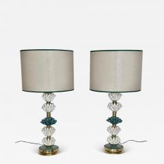 Late 20th Century Pair of Italian Brass w Green White Ceramic Table Lamps - 3661741