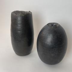 Late 20th Century Pair of Italian Sculptural Black Stoneware Vases by L Leandri - 3081952