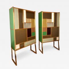 Late 20th Century Pair of Italian Wood Brass Mirror Opaline Glass Cabinets - 3679425