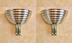 Late 20th Century Pair of Ribbed Gold Metal Emerald Green Glass Sconces - 1631606