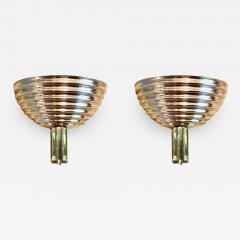 Late 20th Century Pair of Ribbed Gold Metal Emerald Green Glass Sconces - 1635831