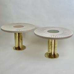 Late 20th Century Pair of Round Ash Wood w Opaline Glass Brass Side Tables - 3338410