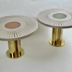 Late 20th Century Pair of Round Ash Wood w Opaline Glass Brass Side Tables - 3338412