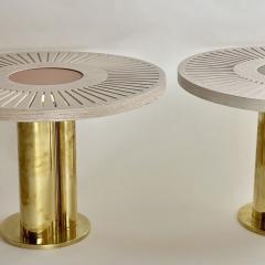 Late 20th Century Pair of Round Ash Wood w Opaline Glass Brass Side Tables - 3338413