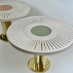 Late 20th Century Pair of Round Ash Wood w Opaline Glass Brass Side Tables - 3338414