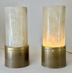 Late 20th Century Pair of Round Brass White Rock Crystal Stone Table Lamps - 2941117