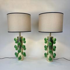 Late 20th Century Pair of Space Age Brass Green Murano Art Glass Table Lamps - 2242078