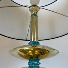 Late 20th Century Pair of Space Age Brass Light Blue Faceted Glass Table Lamps - 2292387