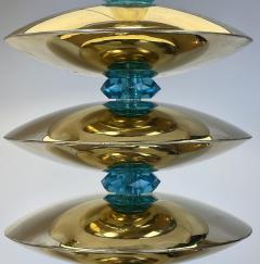 Late 20th Century Pair of Space Age Brass Light Blue Faceted Glass Table Lamps - 2292389