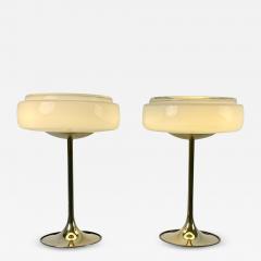 Late 20th Century Pair of Space Age Brass White Murano Art Glass Table Lamps - 2244376