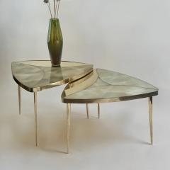 Late 20th Century Pair of Triangular w Green Murano Glass Brass Coffee Tables - 3528075