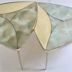 Late 20th Century Pair of Triangular w Green Murano Glass Brass Coffee Tables - 3528076