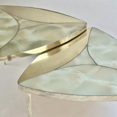 Late 20th Century Pair of Triangular w Green Murano Glass Brass Coffee Tables - 3528077