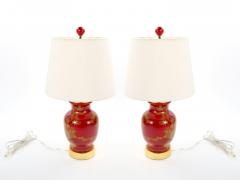 Late 20th Century Red Lacquered Hand Painted Red Gold Porcelain Table Lamps - 4086036