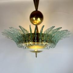 Late 20th Century Round Brass Chandelier w Light Green Textured Murano Glasses - 3273324