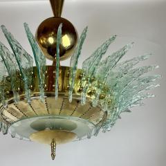 Late 20th Century Round Brass Chandelier w Light Green Textured Murano Glasses - 3273326