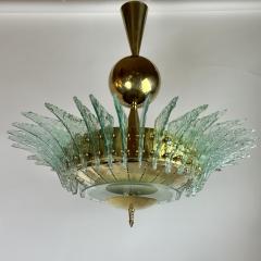 Late 20th Century Round Brass Chandelier w Light Green Textured Murano Glasses - 3273338