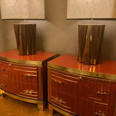 Late 20th Pair of Italian Red Coral Opaline Glass Wood and Brass Nightstands - 1673684