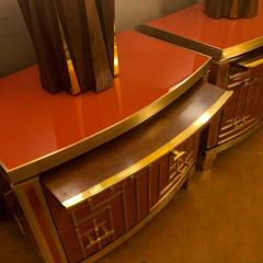 Late 20th Pair of Italian Red Coral Opaline Glass Wood and Brass Nightstands - 1673686