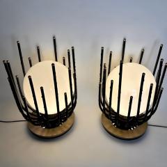 Late20th Century Pair of Black Iron Brass Opaline Glass Brutalist Table Lamps - 3404748