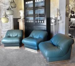 Late20th Century Set of Three Green Italian Leather Armchairs w Brass Basement - 1696627