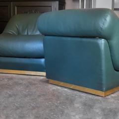 Late20th Century Set of Three Green Italian Leather Armchairs w Brass Basement - 1696640