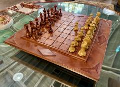 Leather Chess Set with Carved Wooden Pieces Italy 1960s 1970s - 4439061