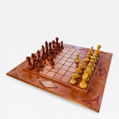 Leather Chess Set with Carved Wooden Pieces Italy 1960s 1970s - 4439339