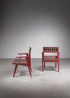 Leather Webbed Chairmaster Chairs with Red Lacquered Frame USA 1950s - 2909724