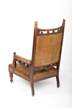 Leather and Oak Gothic Style Armchairs England 19th Century - 4100423