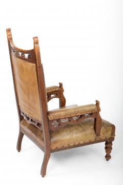 Leather and Oak Gothic Style Armchairs England 19th Century - 4100424