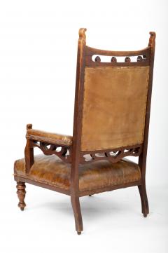 Leather and Oak Gothic Style Armchairs England 19th Century - 4100425