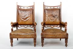 Leather and Oak Gothic Style Armchairs England 19th Century - 4100429