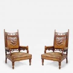 Leather and Oak Gothic Style Armchairs England 19th Century - 4102041