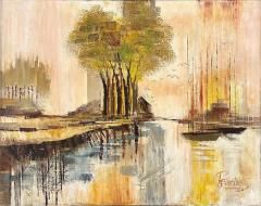 Lee Reynolds 1970s Lee Reynolds Landscape Painting with Boats Buildings and Trees - 4089898