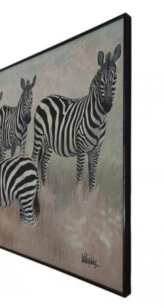 Lee Reynolds Vintage 1980s Lee Reynolds Oil on Canvas Painting Depicting A Zeal of Zebras  - 2903018