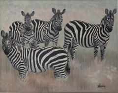 Lee Reynolds Vintage 1980s Lee Reynolds Oil on Canvas Painting Depicting A Zeal of Zebras  - 2904221