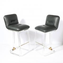 Leon Frost Mid Century Leon Frost Tubular Stools in Lucite Brass Holly Hunt Leather - 4489827